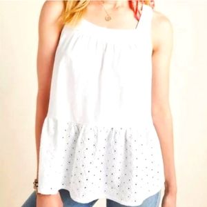 ANTHROPOLOGIE White Zinnia Eyelet Babydoll Sleeveless Tiered Tank Top, Size Med